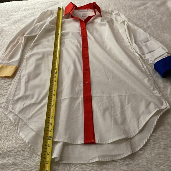 NWT NEW YORK & Co. White button down Tunic Shirt Red Yellow & Blue Cuffs Sz M - Picture 10 of 16
